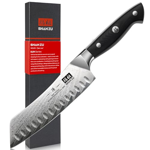 Cuchillo Santoku Damasco 18 cm, Cuchillo de Cocina Japonés de Acero Damasco (AUS-10), Cuchillo Verdura con Mango G10 Ergonómico para Cortar Carne, Verduras, Frutas - SUN Series