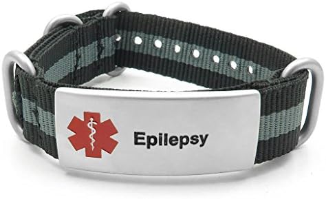 IDtagged Epilepsy Black &amp; Grey Adjustable Nylon Nato Medical Alert ID Bracelet w/ Matte Stainless Steel Tag