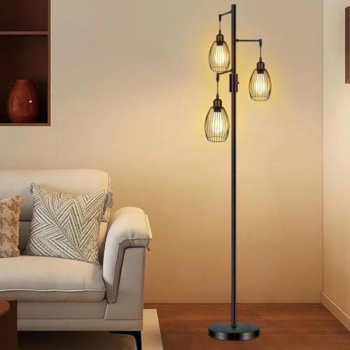 WAMBORY Dimmable Floor Lamp, 3 x 6W LED Bulbs Included, Farmhouse Industrial Floor Lamp with Rotary Switch, Vintage Tree Lamp with Elegant Teardrop Cage, Tall Standing Lamps for Living Room Bedroom