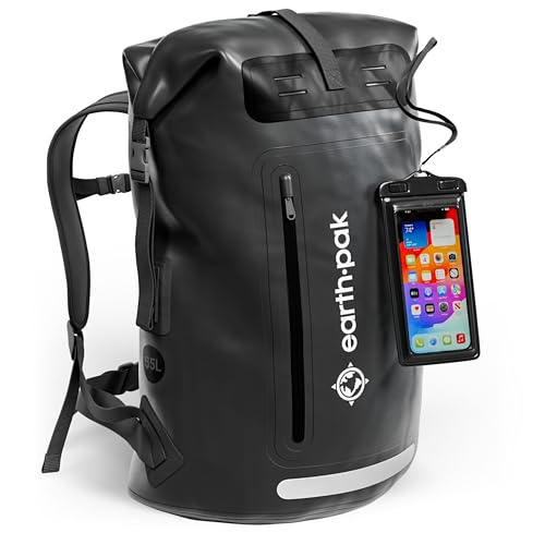 Earth Pak Summit Serie wasserdichter Rucksack, Backpack mit leistungsstarkem Reißverschluss und Rolltop, wasserfester Handyhülle Schwarz 55L
