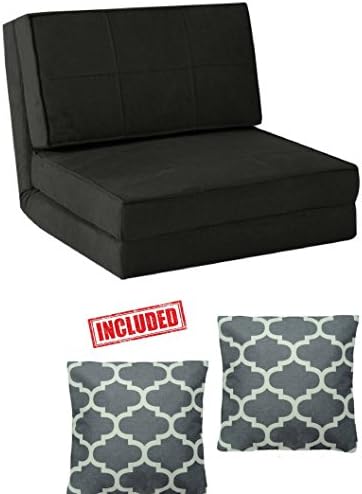 Flip Chair Convertible Sleeper Dorm Bed Couch Lounger Sofa in Rich Black Finish with Set of 2 Pillows BUNDLE SET!