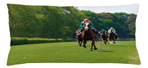 Lunarable Man Cave Throw Pillow Cushion Cover, Several Racehorses Jockeys Horse Race Competition Sports Gamble Venue Greenery, Decorative Rectangle Accent Pillow Case, 36" X 16", Multicolor