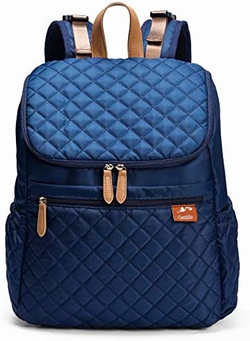 Water Resistant Quilted Design Baby Changing, Nappy, Diaper, Backpack Bag with Integrated Stroller Clips - for Mum OR Dad. Includes Matching Changing Mat (Navy Blue)