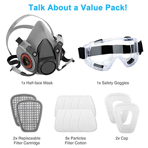 IVSUN Respirator Mask with Safety Glasses Half Facepiece Gas Mask Reusable Professional Breathing Eye Protection Against Dust, Organic Vapors, Pollen and Chemicals for Paint and DIY Projects - Thumbnail 5