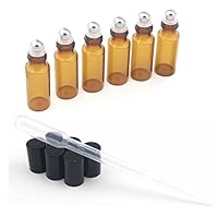 Pack of 6, 5ml Amber Roll On Bottles With Metal Ball for Essential Oil, Aromatherapy by Mavogel--3ml Dropper Included