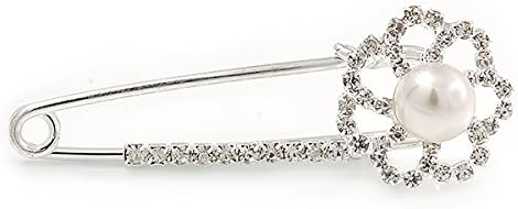 Small Crystal Pearl Flower Pin Brooch In Rhodium Plating - 55mm L, silver, white / ivory - Image 5