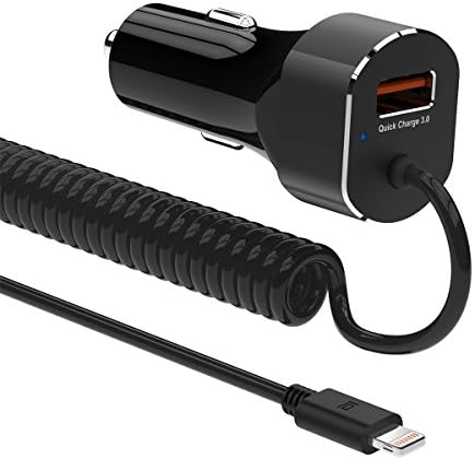 iphone Car Charger,30W HUNFS Quick Charge 3.0 Rapid Dual USB Car Charger with 3FT Coiled Lightning Cable +Built-in Fuse+ Smart Technology for iPhone X, 8, 8Plus, 7, 7Plus 6S / 6S Plus, 6, 6 Plus, SE