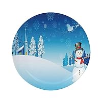 Ylljy00 Christmas Decorations 10" Dinner Plate,Snowman on Christmas Eve Santas Sleigh in The Starry Sky Fantasy Art Ceramic Decorative Plates,Dining Table Tabletop Home Decor,Blue White