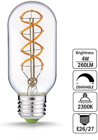 Jslinter Vintage LED Dimmable Edison Bulb, 4W Antique T14(T45) Tubular Light Bulb, Spiral Filament 2300K Warm White, E26 Base, Clear glass (single pack)