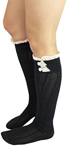 Knit Button Boot Socks with Lace Trim Knee High Socks by CL Couture (Black)