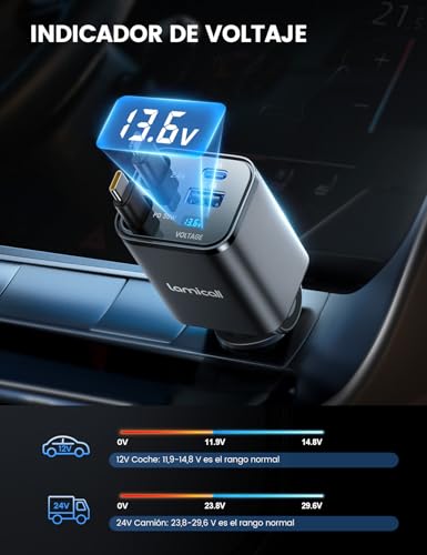 Lamicall 4 in 1 Retráctil Cargador para Auto – 69 W [Display de Voltaje] [50% Más Pequeño] Rápido Cargador para Carro, Puerto USB-C y USB-A, Compatible con iPhone 17/16/15/14/13/12, Galaxy, Airpods