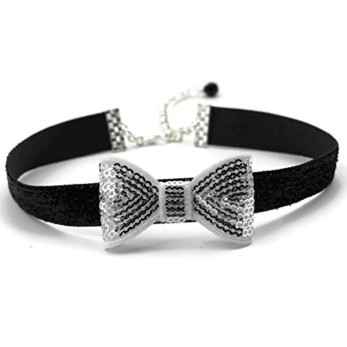 Arthlin Silver Bowtie Necklace Accessory for Women, Silver Sequins Bow and Black Glitter Band