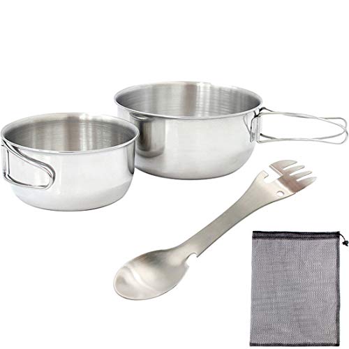 S Grade 304 Stainless Steel Personal Camping Mess Kits, Tableware Dishes Set, Camping Dining Tool Includes 500ml+700ml Bowls and 5-in-1 Spork Utensil Set Cutlery with Mesh Bag