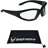Motorcycle Night Glasses Foam Padded with Safety Polycarbonate Clear Lenses. Free Microfiber Cleaning Case