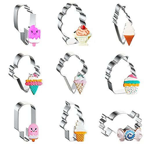 MIUINCY Ice Cream Cookie Cutters Set of 9, Ice Cream Cone, Popsicle, Notched Ice Cream, Torch