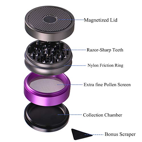 Ausma 4 Pieces 2.5 inch Large Metal Grinder with Pollen Catcher,Scraper and Magnetic Top for Herbs,Spices(Purple)
