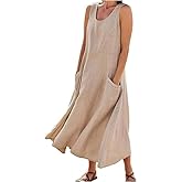 Apvirdy Linen Dress for Women Summer Sleeveless Solid Casual Baggy Flowy Maxi Dresses with Pockets