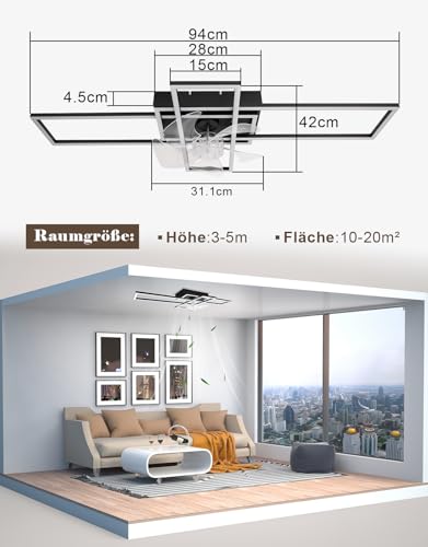 Homefire Lámpara de techo moderna con ventilador de 94cm - Ventilador de techo con luz, 6 velocidades, LED, regulable, con mando a distancia y temporizador para salón, comedor y dormitorio