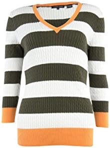 Jeanne Pierre Women's Striped V Neck Cable Knit Sweater (S, Camouflage)
