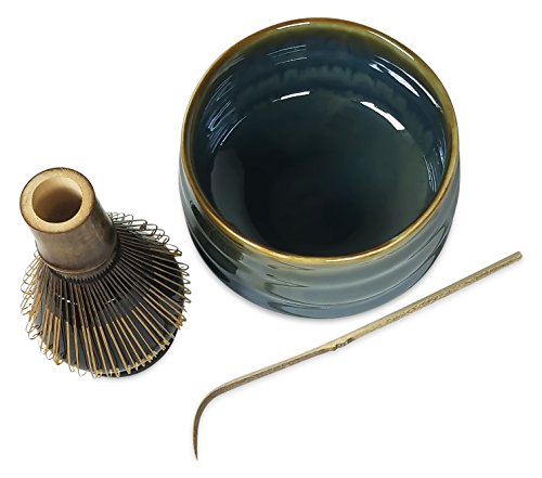 Matcha Tea Set with Matcha Bowl, Whisk and Stand for Traditional Japanese Tea Ceremony or Everyday Use by Princeton Wares. (Earth and Sea)