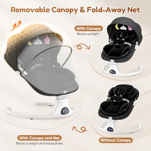 Dossier Réglable Transat Bébé Electrique, Balancelle Bébé Avec Coussin Amovible et Table D'appoint, Balançoire pour Baby avec 3 Minuteries et 5 Vitesses, 12 Mélodies, 3 Options D'alimentation (Noir)