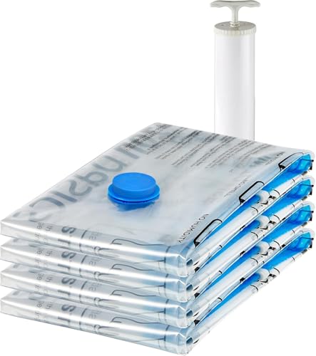 Bolsas de almacenamiento comprimibles mediante vacío manual, X-Jumbo paquete de 4 bolsas tamaño extragrande, Cremallera, Transparente
