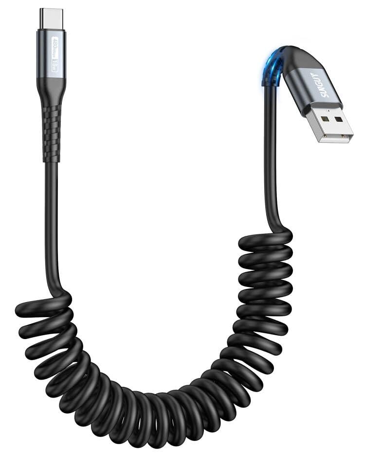 Photo 1 of Coiled USB A to USB C Cable ?Recommended Stretch Length: 1.3-3.3FT? USB A to USB C Andriod Auto & Carplay Cable for iPhone 16 15 Pro/Pro Max/Plus, for Samsung Galaxy S24 S23 S22 S20 S10-Grey