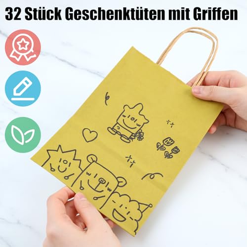Koogel 32 Stück Geschenktüten mit Henkel, Papiertüten Bunte Kraftpapier Partytüten für Geburtstag Feiern Partys Geschenke