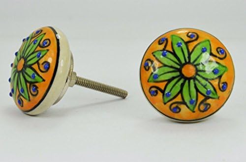 BLUE NIGHT Hand Painted Flower Designed Ceramic Cupboard Cabinet Door Knobs Drawer Pulls & Brass Hardwares yelow & green,Set of-12