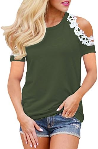 StyleDome Women Blouse Off Shoulder Shirts Crochet Lace Long Sleeve Casual Round Neck Tee Tops Short Sleeve Army Green 2XL