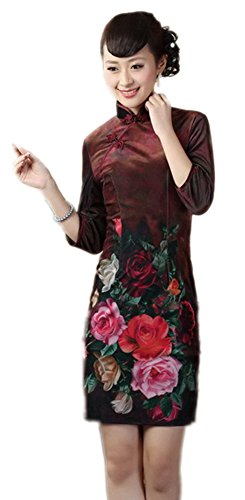 AvaCostume Women's Pleuche 3/4 Sleeve Printing Knee Length Qipao Dress