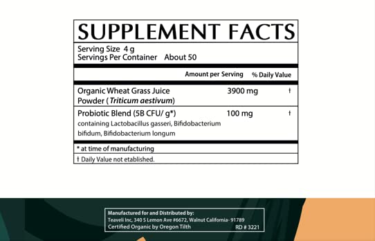 TEAVELI ORGANIC WHEATGRASS JUICE POWDER WITH PROBIOTICS – UTAH GROWN RAW WHEAT GRASS POWDER & GREEN JUICE POWDER – BIOACTIVE DEHYDRATION FOR FLAVOR & NUTRIENT RETENTION – 7 OZ (199G)