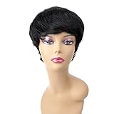 Ty.Hermenlisa 100% Real Virgin Brazilian Remy Human Hair Wigs for Black Women Natural Color Wavy Short Bobs Hairpieces with Elastic Strap, 81g Jet Black(#1)