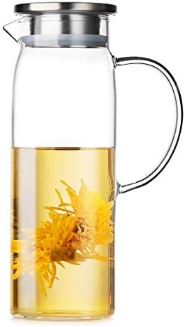 GOODESERVE 1 Liter Water Carafe Glass Pitcher with Stainless Steel Lid, Borosilicate Jug with Handle for Hot/Cold Water, Coffee, Ice Tea, Juice Beverage, STOVE-TOP Safe GD8622 (1500ml)