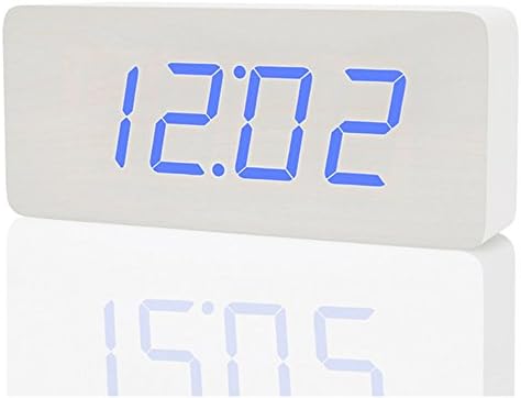 Smart Wooden Digital Alarm Clock, SHOULDBUY 8-Inches Sound Control With Time Temperature (White-Blue LED)