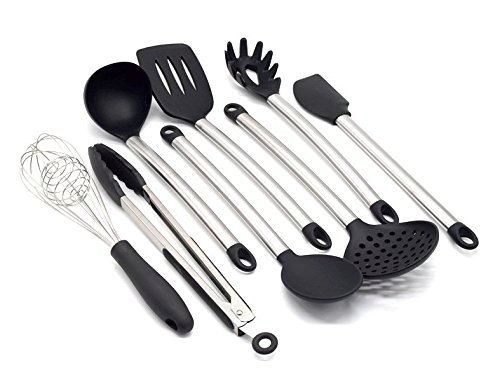 Kitchen Utensil Set - Nonstick Cooking Utensils - Stainless Steel & Silicone - BPA Free Spoon, Turner, Pasta Server, Ladle, Spatula, Strainer, Whisk, Servings Tongs - Environmental Friendly Gift Box