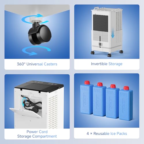 Portable Air Conditioner,4-in-1 AC Unit with 3 Speeds, 12H Timer, 60° Oscillation, 35dB Quiet, Remote Control, 10L Water Tank & 4 Ice Packs,60W Evaporative Air Cooler for Home & Office Bedroom（Black）