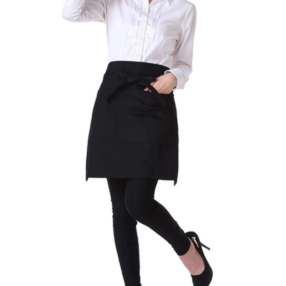 Waist Apron Waist Apron with 2 Pockets, Waiter Server Short Half Aprons for Women Men, Waitress Aprons - Cotton Short Apron for Kitchen Restaurant (Black, 1Pcs)