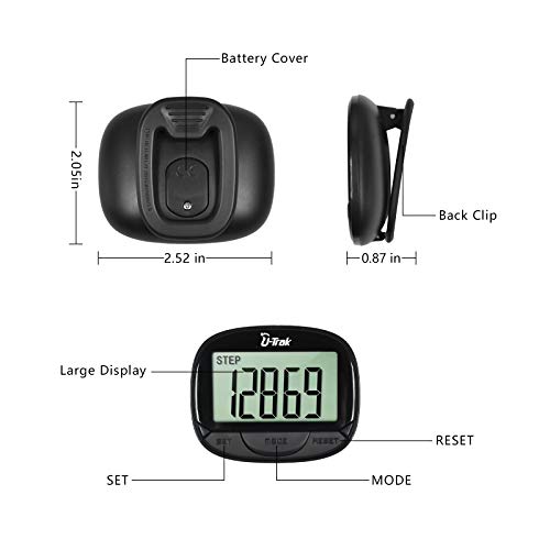 U-Trak Simple Pedometer with Clip Step Counter Tracking Accurate Steps/Walking Distance in Miles/KM/Calories Large LCD Display Portable Fitness Tracker for Walking Running Outdoor Sports Black - Thumbnail 3