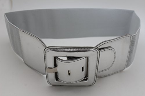 TFJ Women Fashion Belt Hip High Waist Wide Elastic Waistband Square Buckle M L Silver