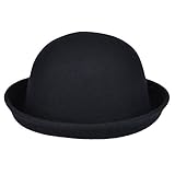 Vbiger Women Woolen Roll-up Brim Fedora Bowler Hat (Black)