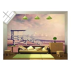 Vintage Retro Picture of Wooden Lifeguard Tower, Beach in California, USA. - Removable Wall Mural | Self-Adhesive Large Wallpaper - 66x96 inches