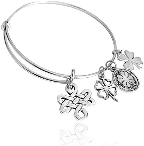 Eli and Andi Celtic Knot Irish Shamrock Good Luck Four-Leaf Clover Expandable Wire Charm Bangle Bracelet
