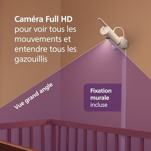Philips Babyphone caméra Premium avec appli – caméra HD 1080 px, Suivi IA Sommeil et Respiration, interprétation des Pleurs, certifié Dekra cybersécurité maximale, Fixation Murale, SCD974/26