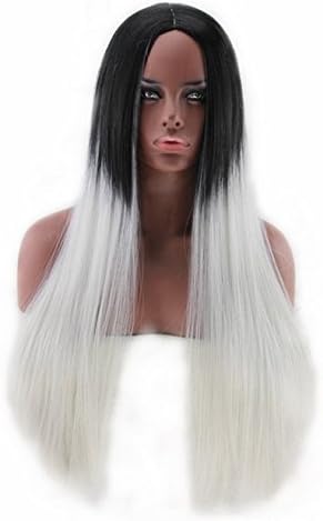 Long Straight Hair Black And Gray Gradient Color Synthetic Wig Imported Japanese Heat-resistant Synthetic Hair Ombre Black To Grey Gray Wig with Middle Part Hair Bang