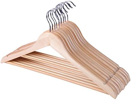 Cinlv Solid Wood Suit Coat Hangers Non-slip Design with Hanging Bar for Coat Suit Jacket Shirt Pants Natural Finish Set of 10