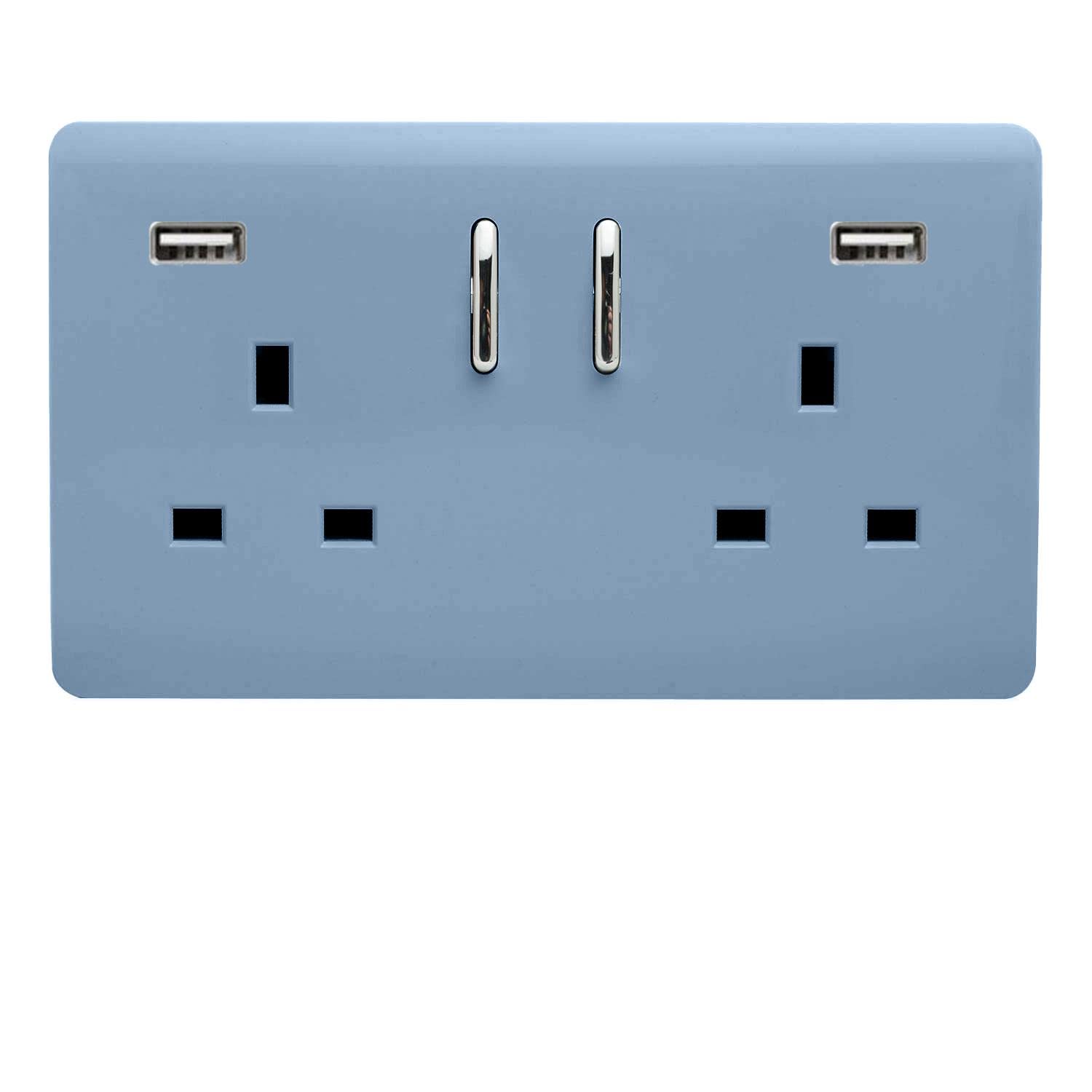 Trendi 2 Gang Artistic Modern Glossy 13 Amp 2 x 3.1mA USB Switched Plug Socket Sky