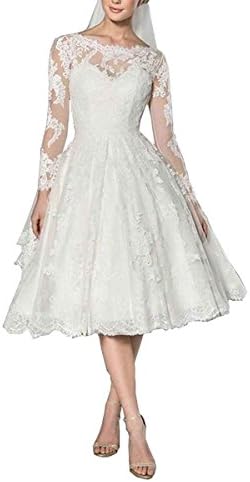 PEBridal Womens Lace Long Sleeve Short Wedding Dress Open Back Boho Bridal Gown US12 White