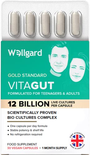 Wellgard Vitagut Probiotics for Gut, Allergen-Free, 12 Billion CFU Per Capsule, Scientifically Proven, Vegan, Made in UK