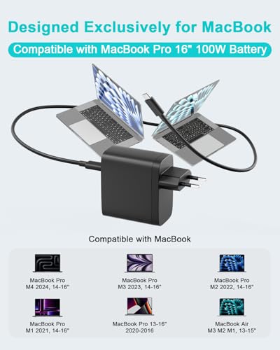 100W USB C Charger, Power Supply Compatible with MacBook Pro 16 14 MacBook Air 15 13 Inch 2025 2024 2023 2022 2021 2020 2019 M4 M3 M2 M1, Charger Adapter with USB-C Cable 2M 5A (Black)